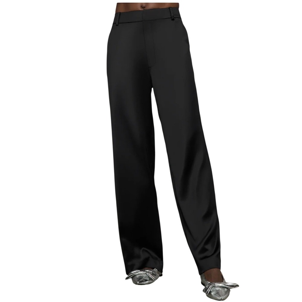 NEW Carbon38 Womens Black Satin Pants M Straight Leg High Rise Trousers Tailored